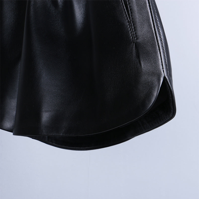 Leather A-line Elastic High Waist Loose Slim Wide Leg Shorts