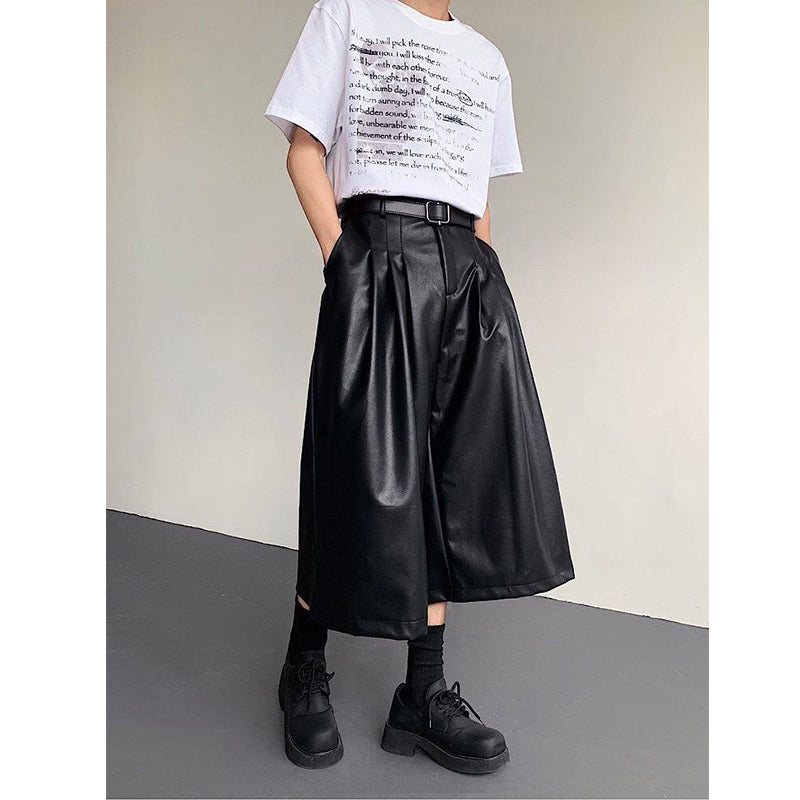 PU Leather Pleated Loose Wide-leg Cropped Trousers