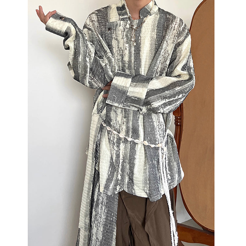 Vintage Tie-dye Ribbon Stand Collar Pleated Shirt