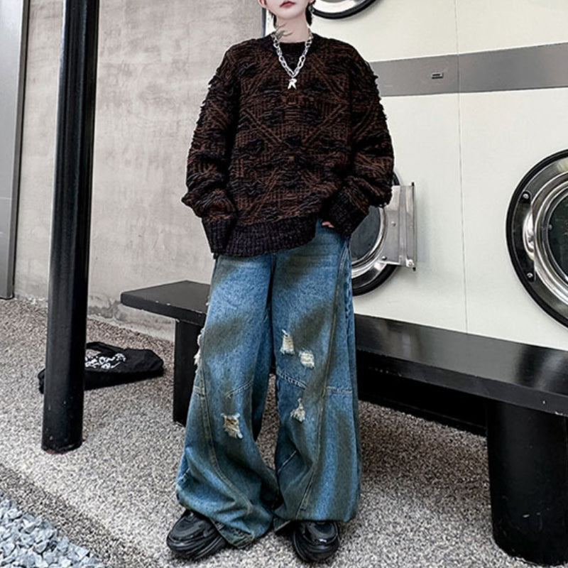 Diamond Jacquard Ripped Tassel Crewneck Sweater