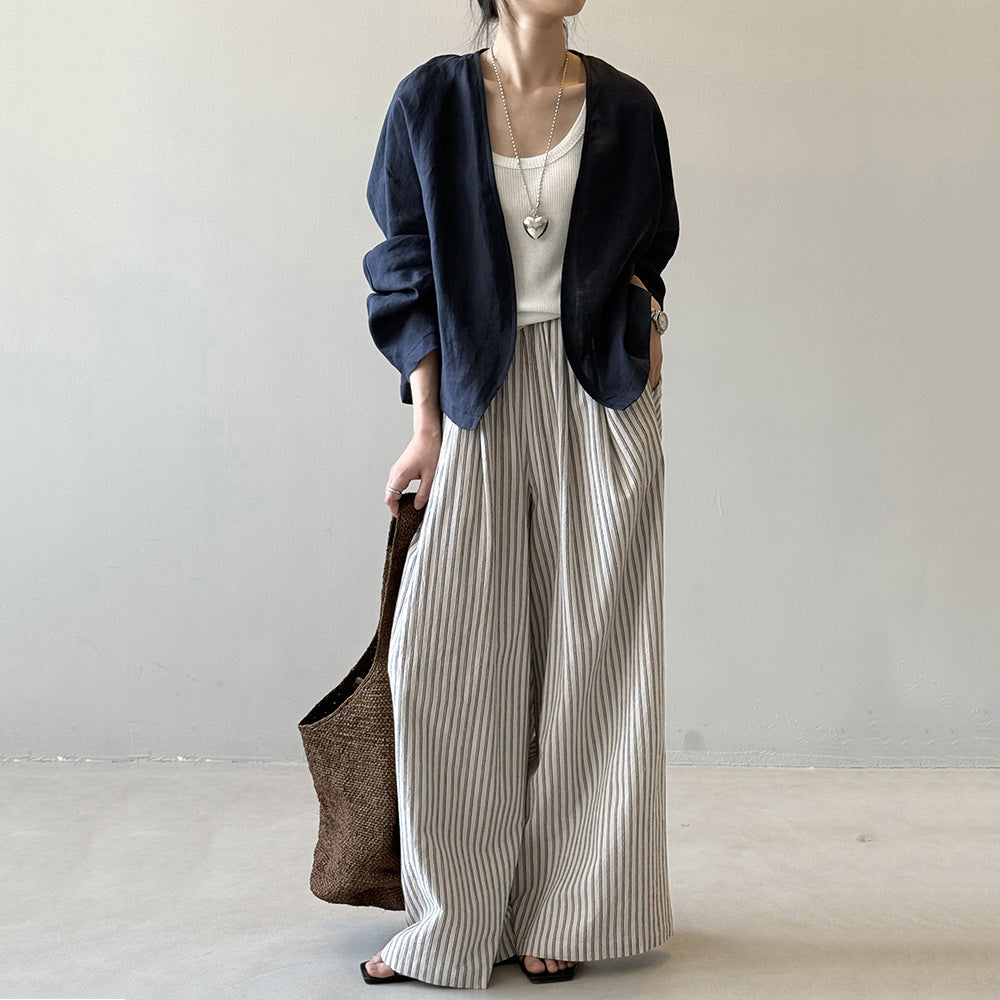 Striped Straight High Waist Loose Wide Leg Pants