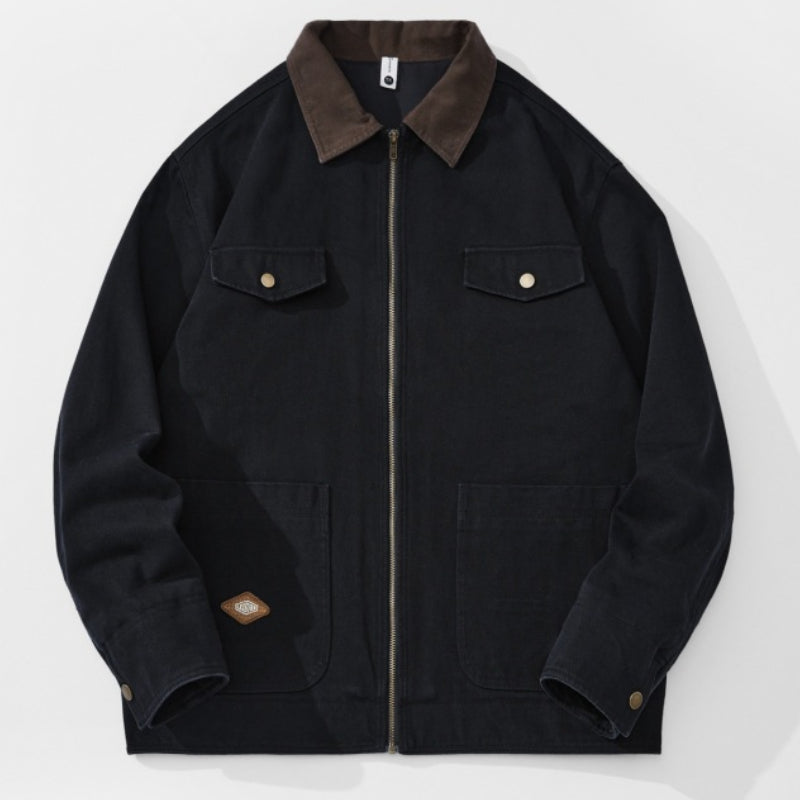 Colorblock Workwear Lapel Washed Jacket