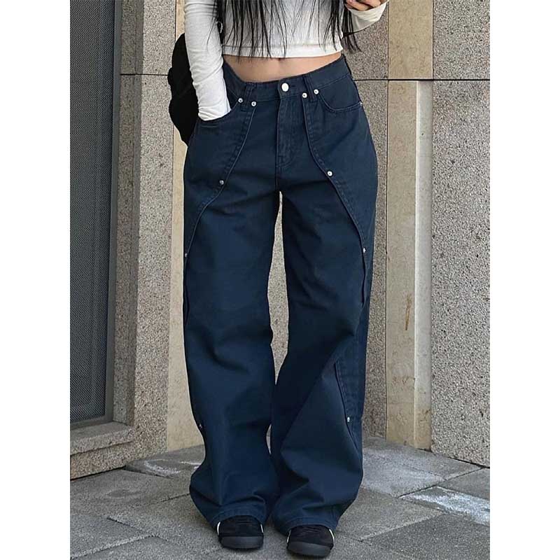 Vintage Rivet Stitching Denim Loose Straight Wide-leg Pants