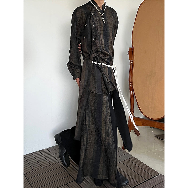 Vintage Tie-dye Ribbon Stand Collar Pleated Shirt