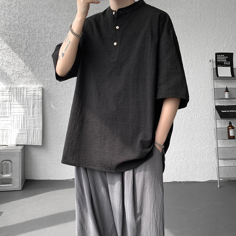 Cotton and Linen Henley Collar Loose T-Shirt