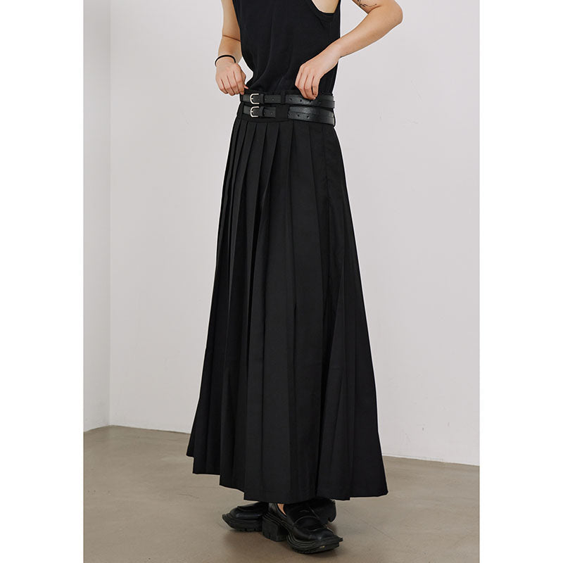 Double Belt Pleated A-line Skirt