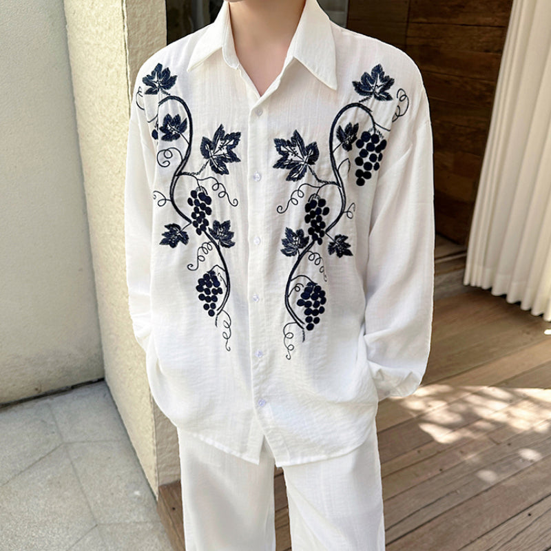 Embroidery Cotton and Linen Shirt Outline Casual Pants Two-piece Set