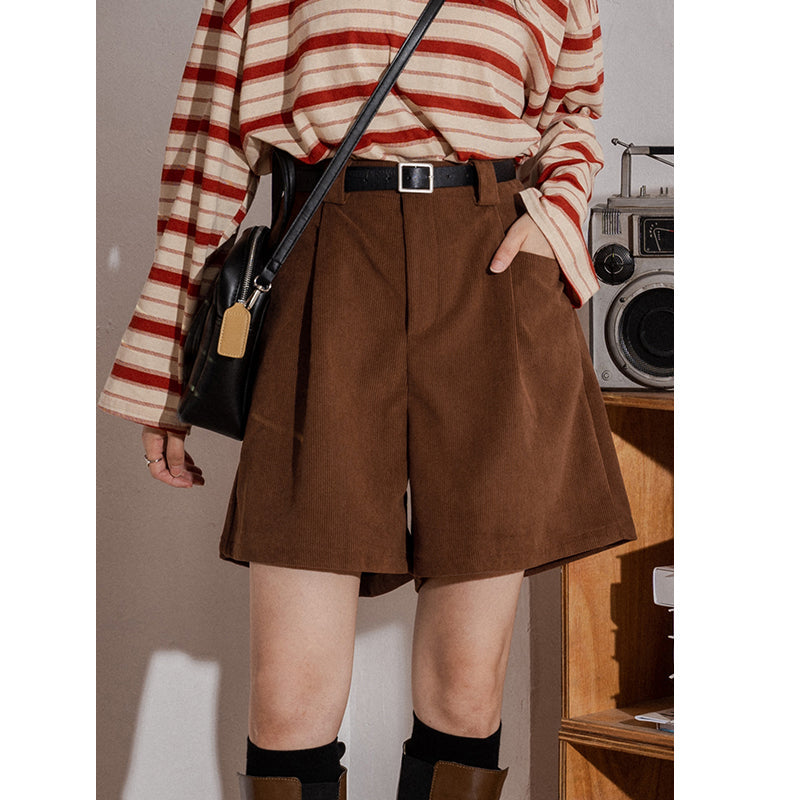 Retro Solid Color Corduroy Elastic High-waisted A-line Wide-leg Shorts