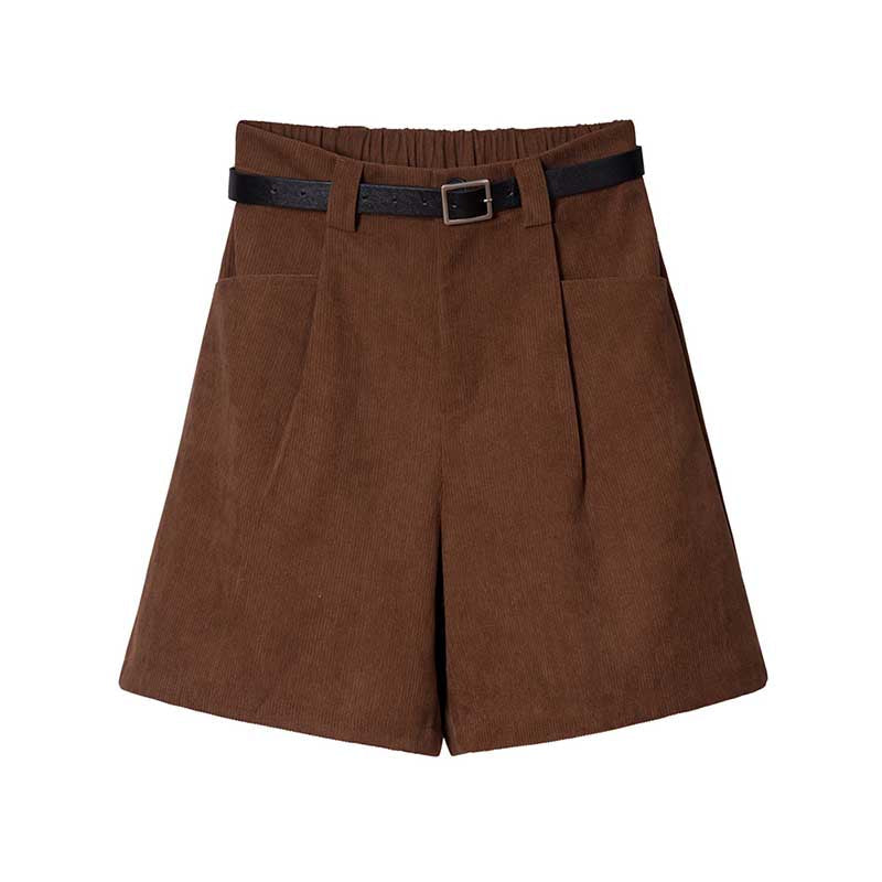 Retro Solid Color Corduroy Elastic High-waisted A-line Wide-leg Shorts