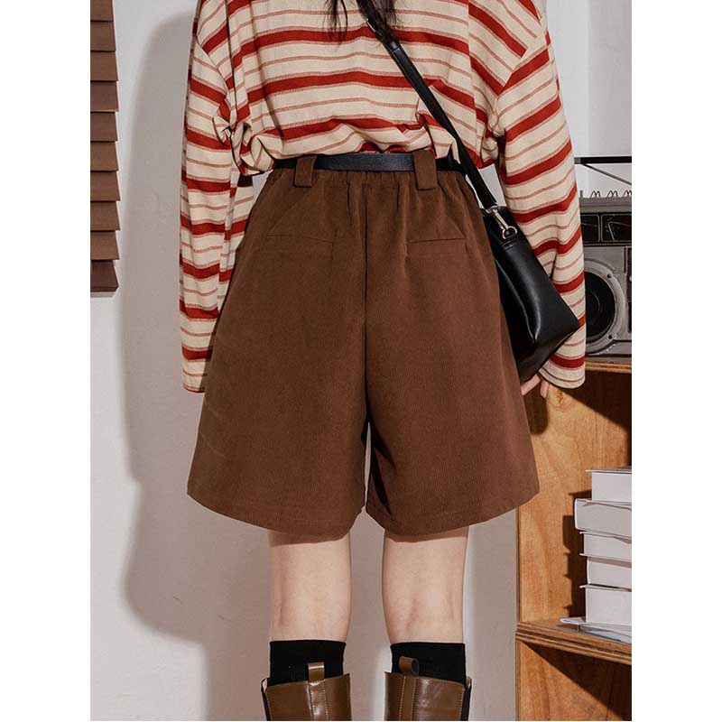 Retro Solid Color Corduroy Elastic High-waisted A-line Wide-leg Shorts