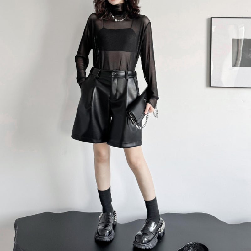 PU Leather Pants Elastic Waist Loose Straight Wide Leg Shorts