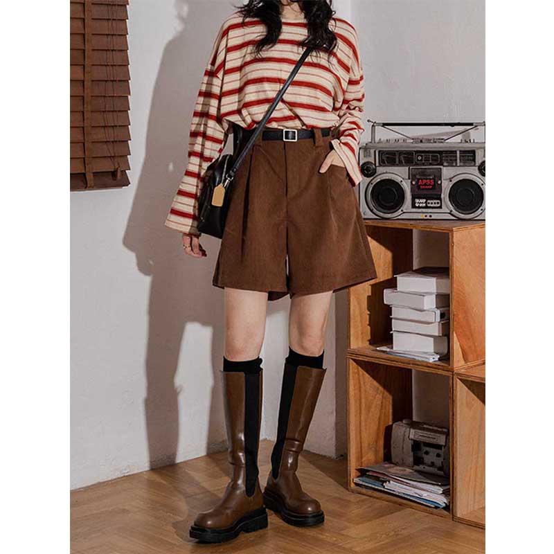 Retro Solid Color Corduroy Elastic High-waisted A-line Wide-leg Shorts