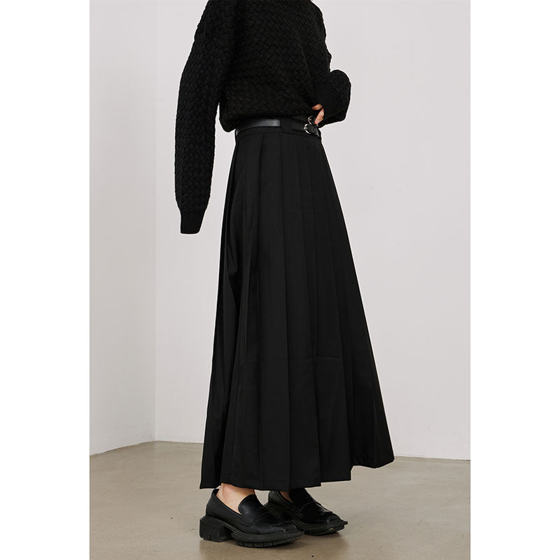 Double Belt Pleated A-line Skirt