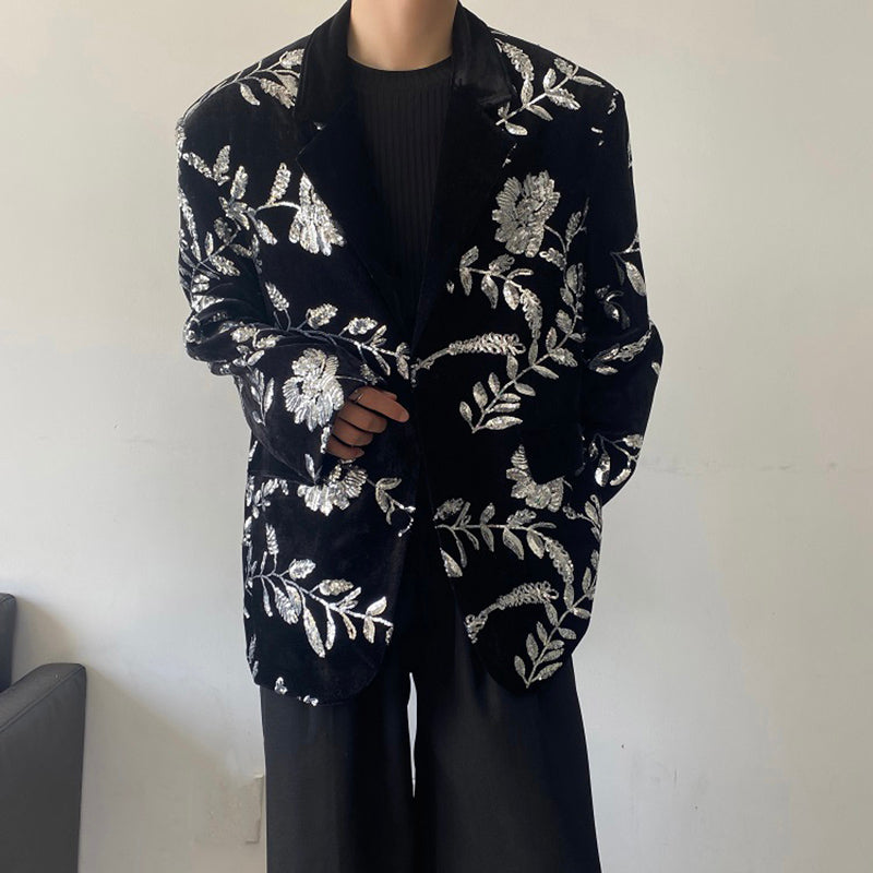 Sequined Lapel Shoulder Padded Loose Casual Blazer