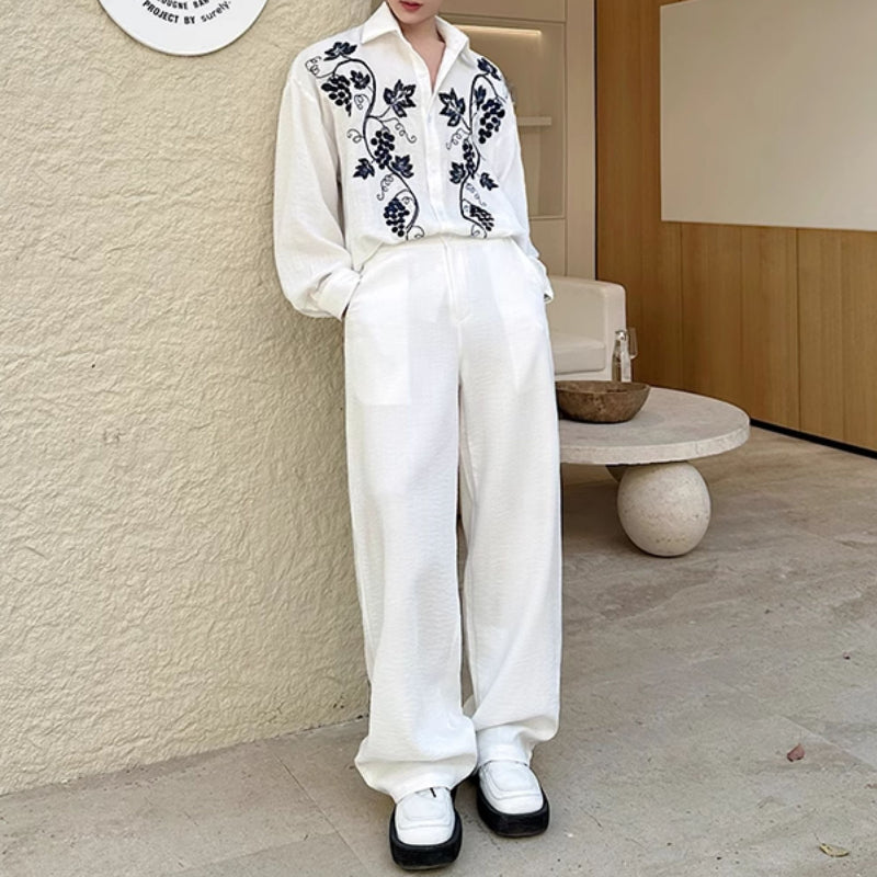 Embroidery Cotton and Linen Shirt Outline Casual Pants Two-piece Set