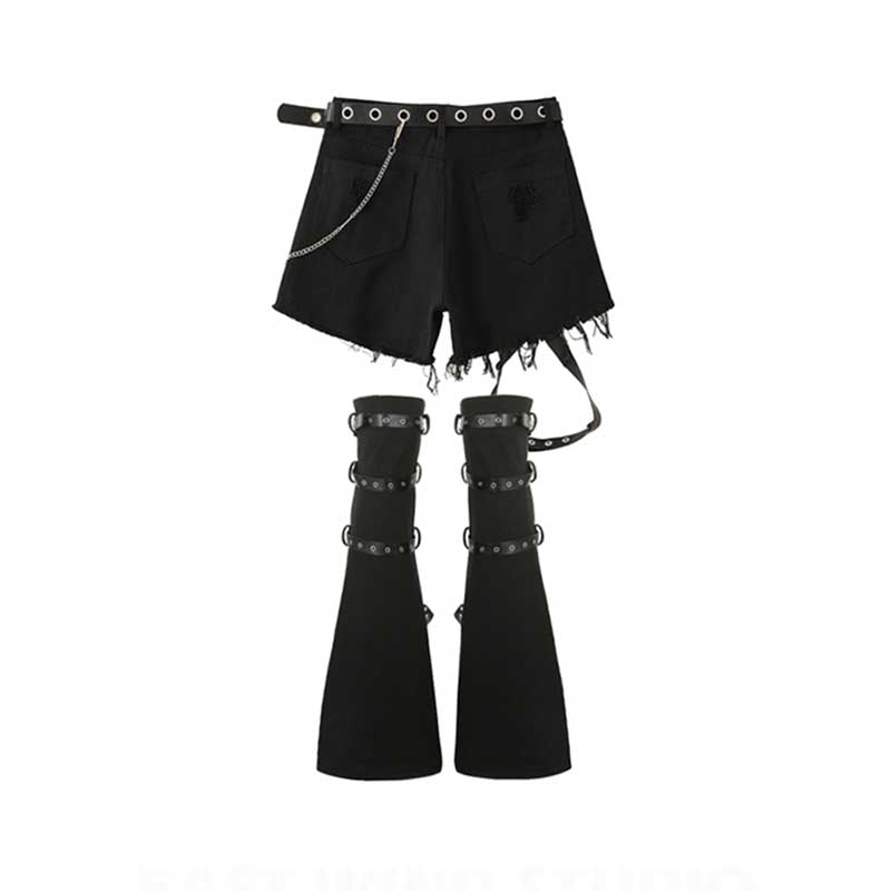 High Waist Frayed Jeans Leather Buckle Flared Pantyhose