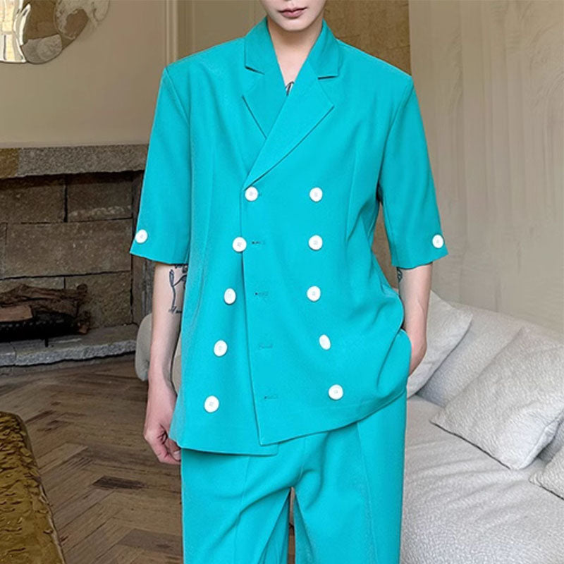 Double-breasted Three-quarter Sleeve Straight-leg Trousers Two-piece Suit