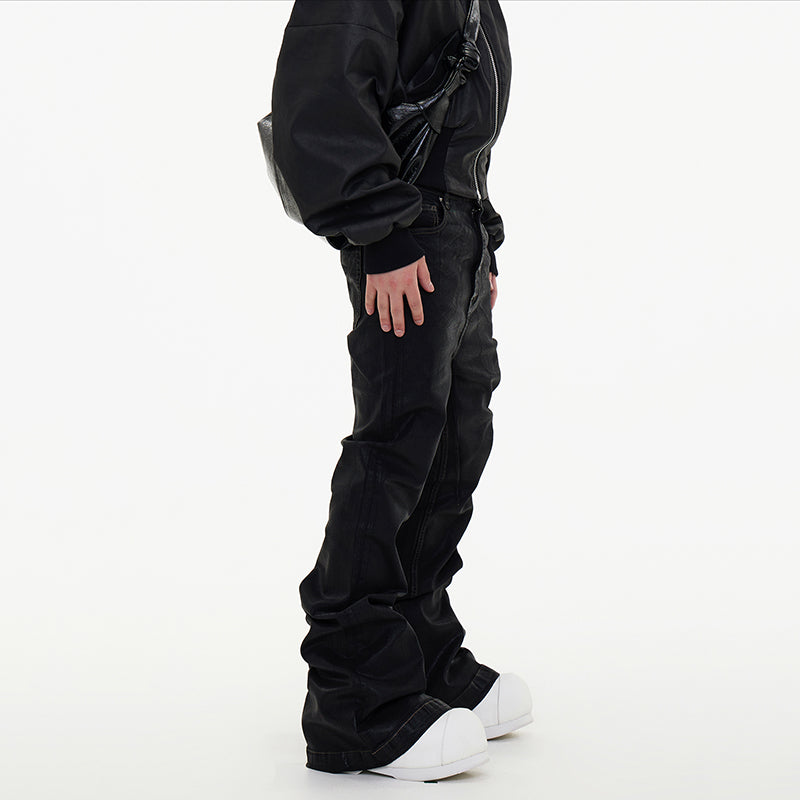 Dark Waxed Coated Ribbon Slightly Flared Mopping Stacked Denim Trousers