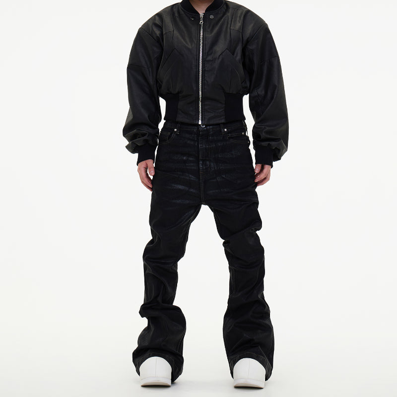 Dark Waxed Coated Ribbon Slightly Flared Mopping Stacked Denim Trousers