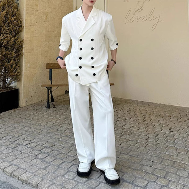 Double-breasted Three-quarter Sleeve Straight-leg Trousers Two-piece Suit
