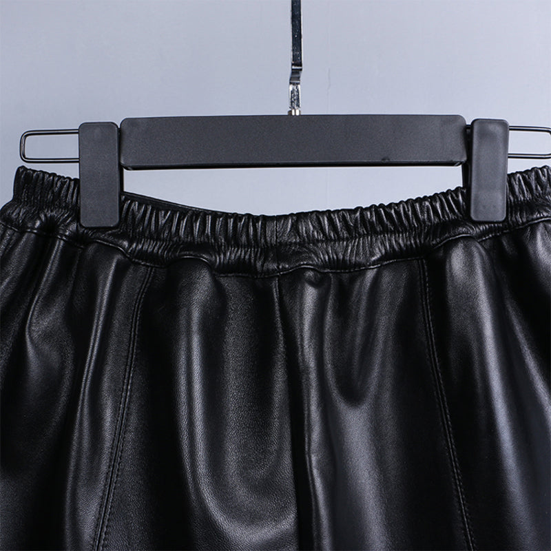Leather A-line Elastic High Waist Loose Slim Wide Leg Shorts