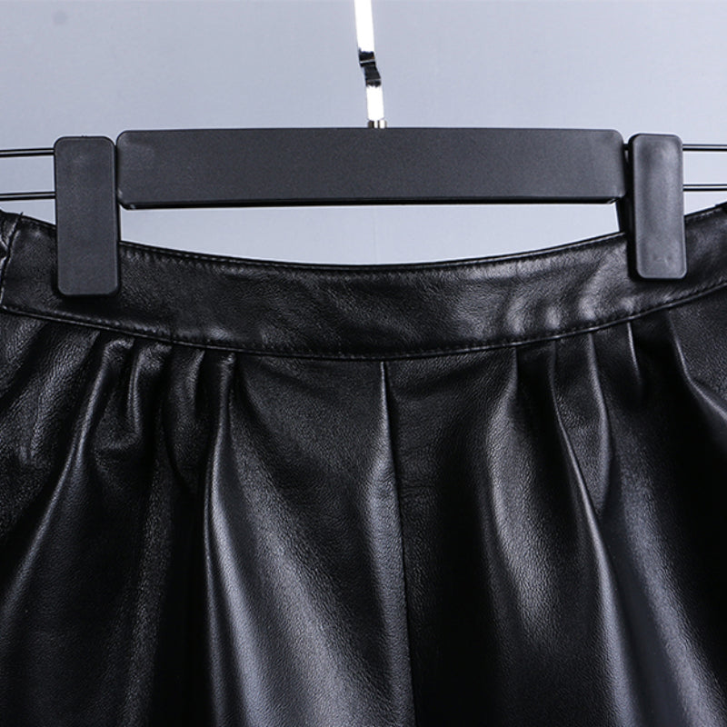 Leather A-line Elastic High Waist Loose Slim Wide Leg Shorts