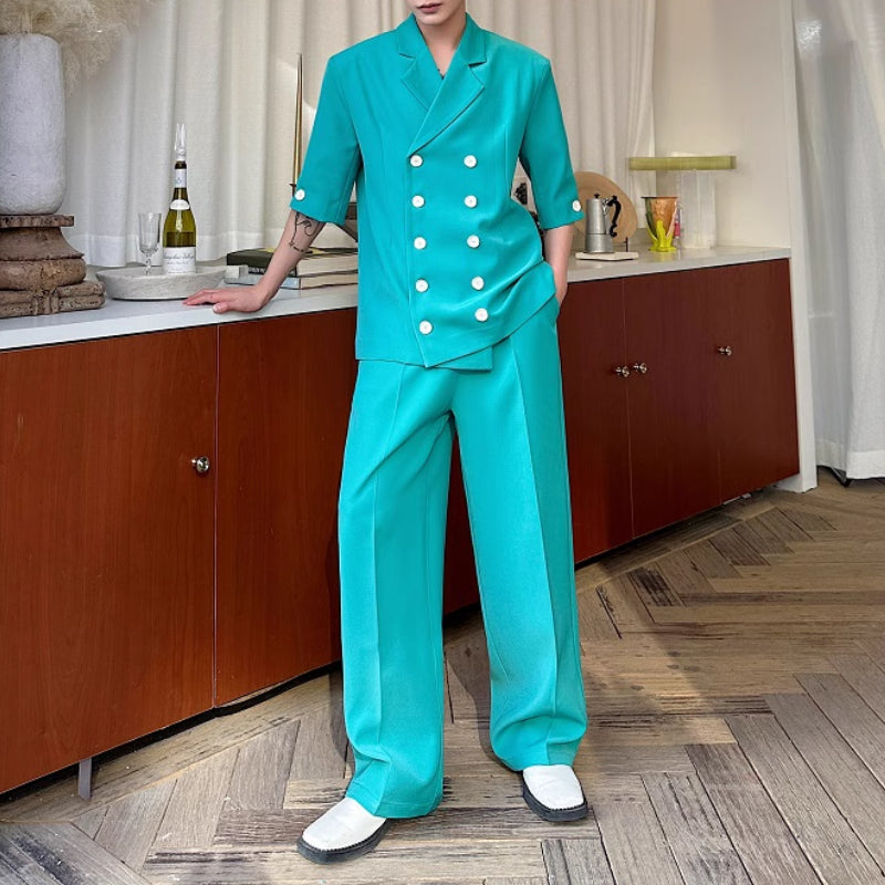 Double-breasted Three-quarter Sleeve Straight-leg Trousers Two-piece Suit