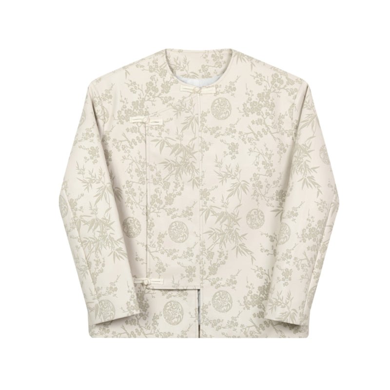 Retro Round Neck Disc Button Jacquard PU Leather Jacket