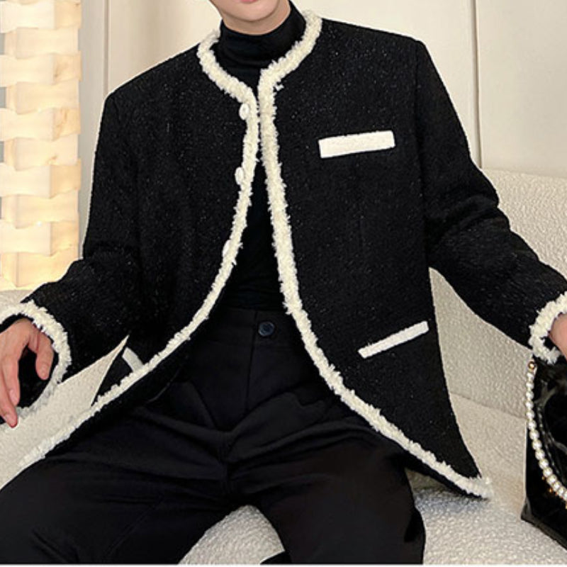 Raw Edge Contrast Single-breasted Woolen Jacket