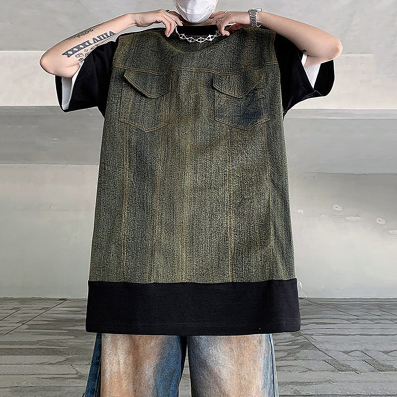 Denim Patchwork Shoulder Pad T-shirt