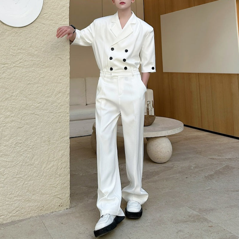 Double-breasted Three-quarter Sleeve Straight-leg Trousers Two-piece Suit