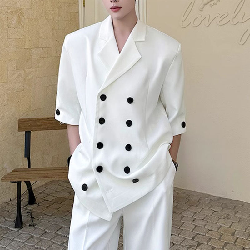 Double-breasted Three-quarter Sleeve Straight-leg Trousers Two-piece Suit