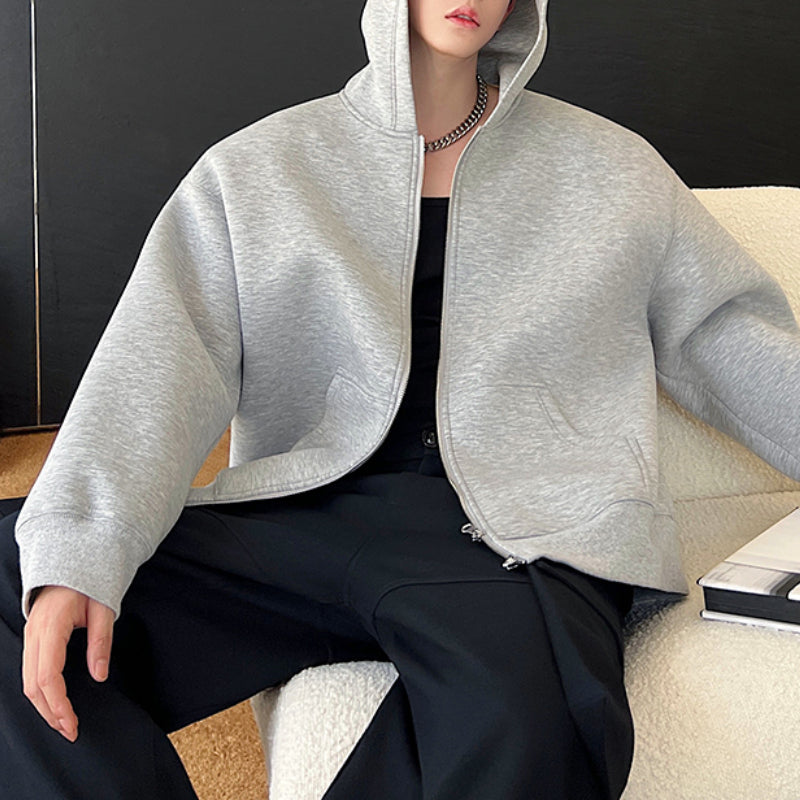 Double Zipper Shoulder Pad Hooded Sweatshirt