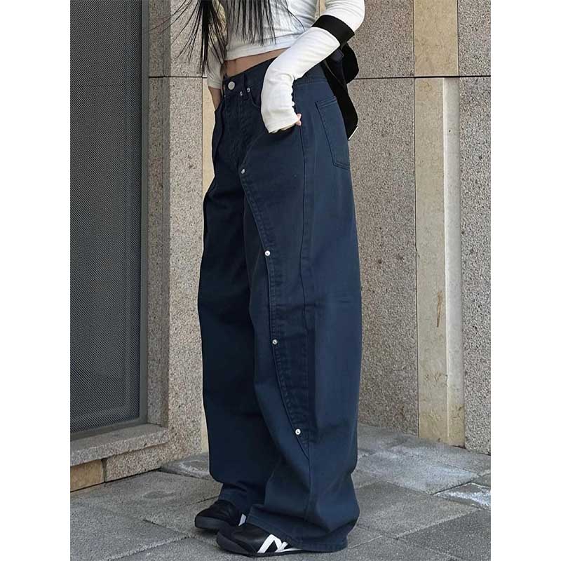 Vintage Rivet Stitching Denim Loose Straight Wide-leg Pants
