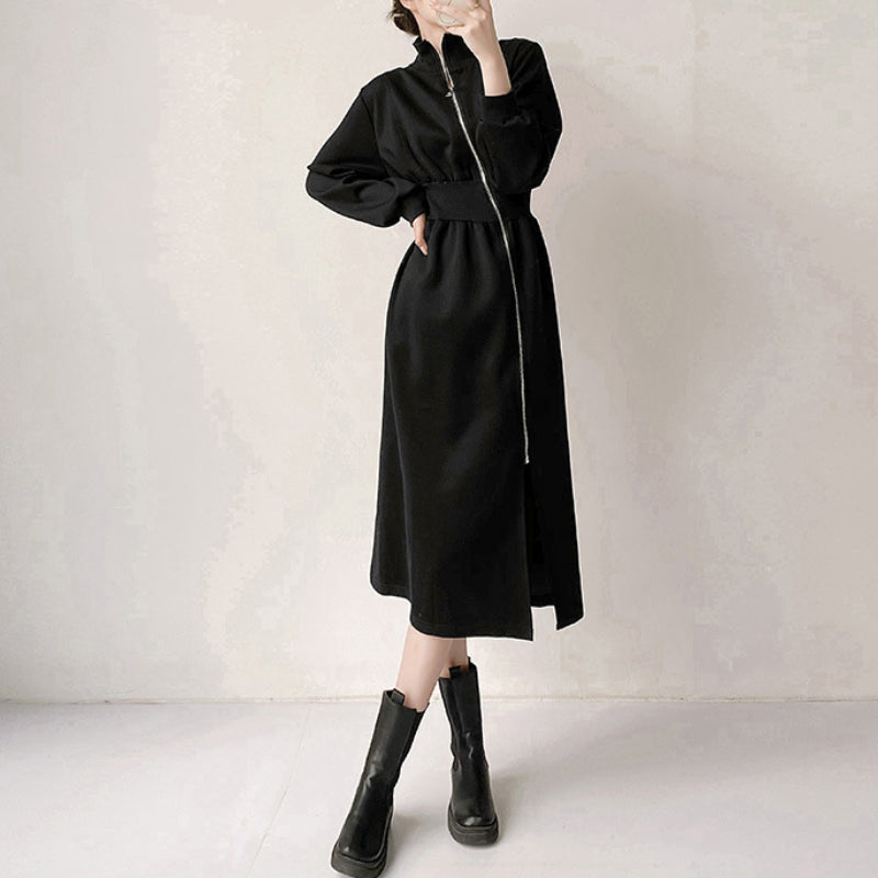 Diagonal Zipper Personalized Slit Waist Dress