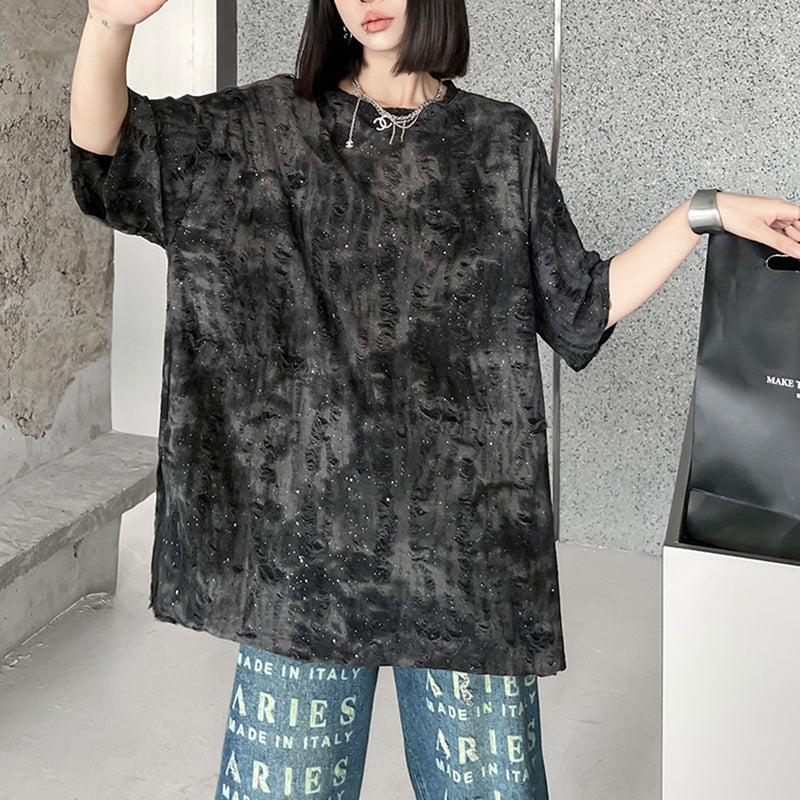 Distressed Sequin Pattern T-shirt