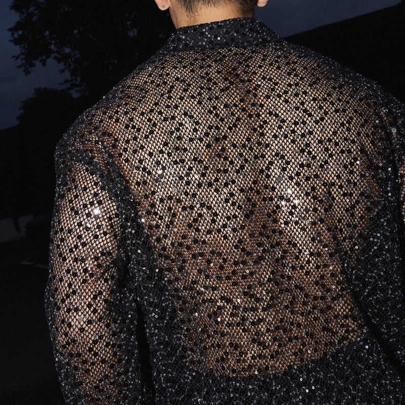 Shiny Silver Sequined Hollow Long Sleeve Shirt
