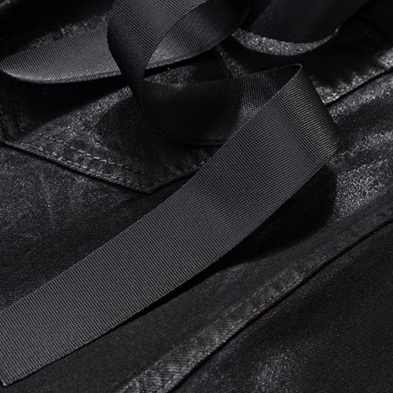 Dark Waxed Coated Ribbon Slightly Flared Mopping Stacked Denim Trousers