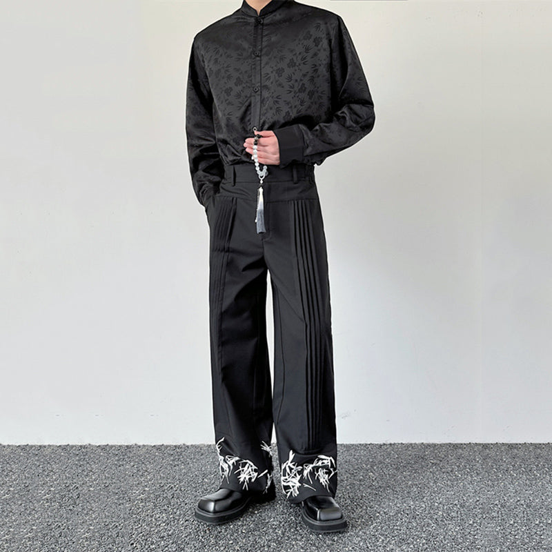 Pleated Wide-leg Printed Bamboo Casual Trousers