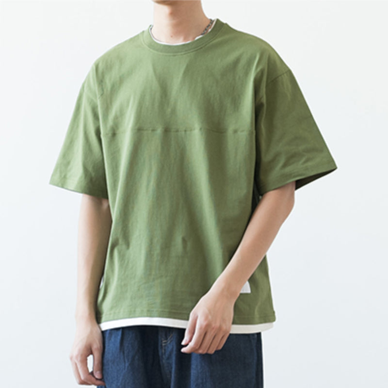 Japanese Loose Drop Shoulder Fake Two Piece T-shirt
