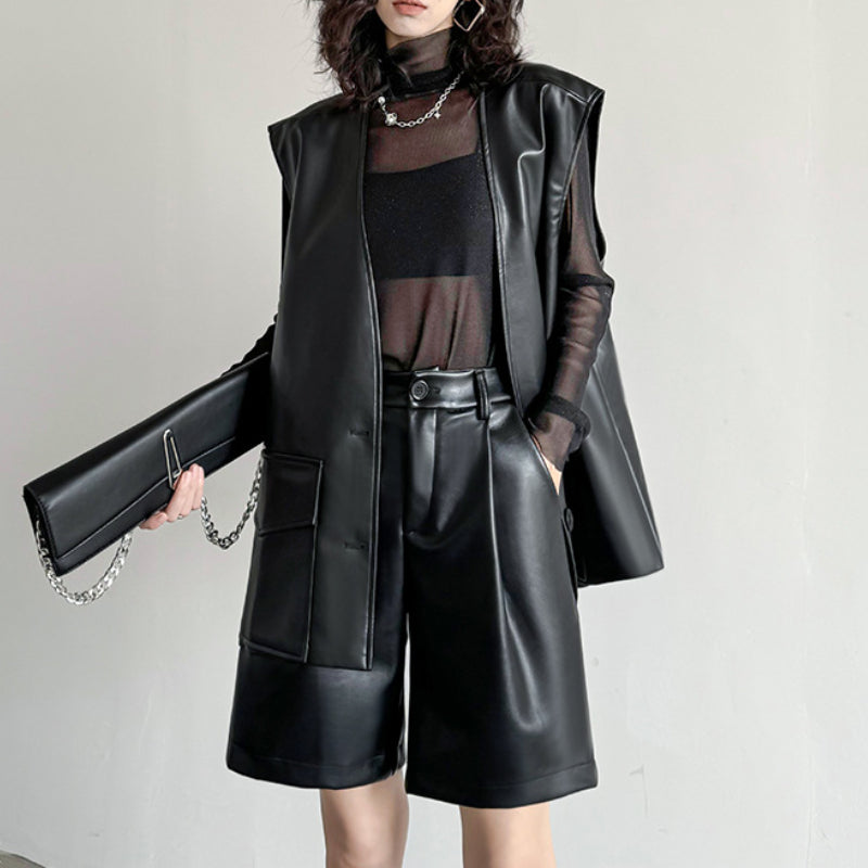 PU Leather Pants Elastic Waist Loose Straight Wide Leg Shorts