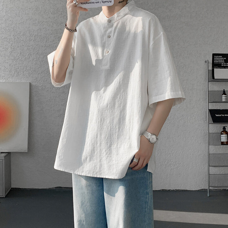 Cotton and Linen Henley Collar Loose T-Shirt