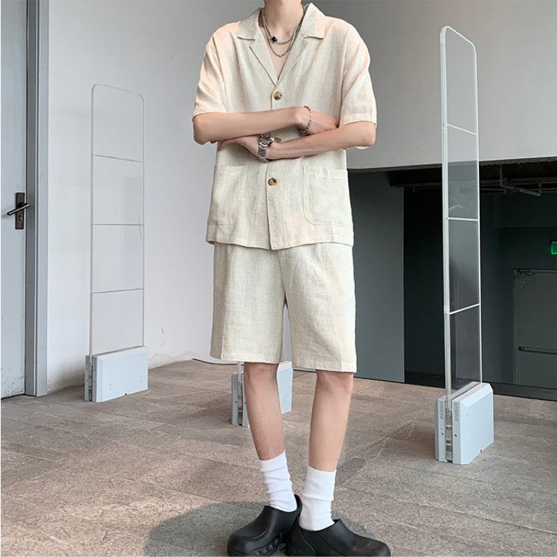 Vintage Cotton Linen Shirt Shorts Two-Piece Set