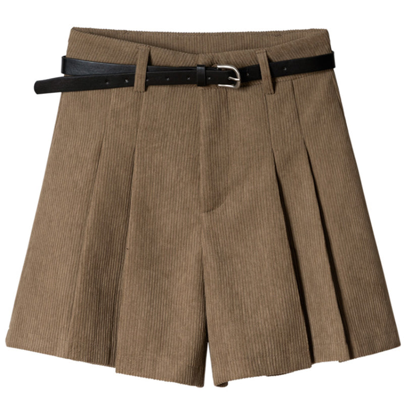 Vintage Corduroy Pleated High-waisted Wide-leg Shorts