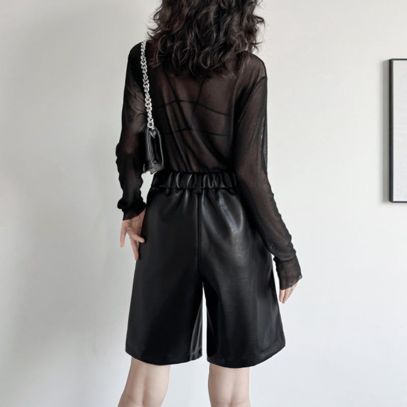 PU Leather Pants Elastic Waist Loose Straight Wide Leg Shorts