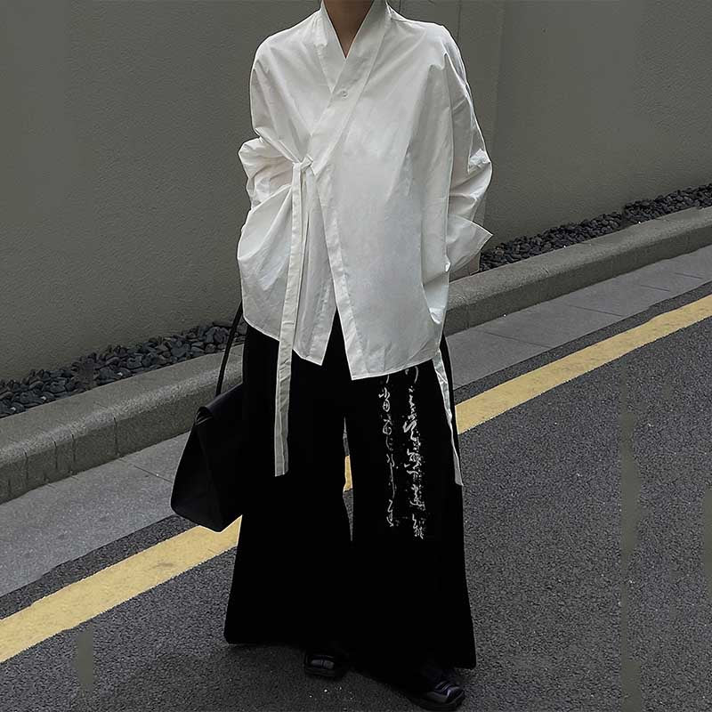 Women Calligraphy Print Corduroy Wide Leg Pants