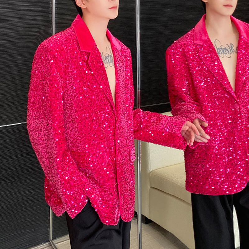 Sequined V-neck Shoulder Padded Lapel Blazer