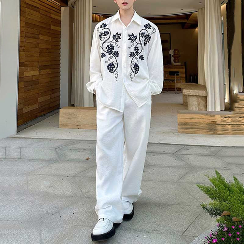 Embroidery Cotton and Linen Shirt Outline Casual Pants Two-piece Set