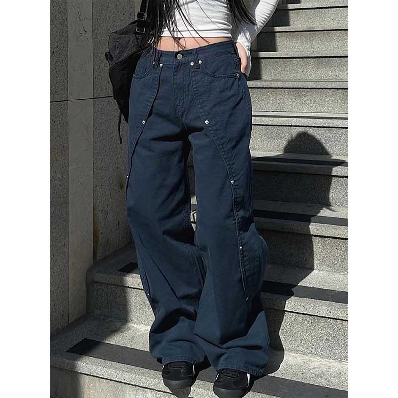 Vintage Rivet Stitching Denim Loose Straight Wide-leg Pants