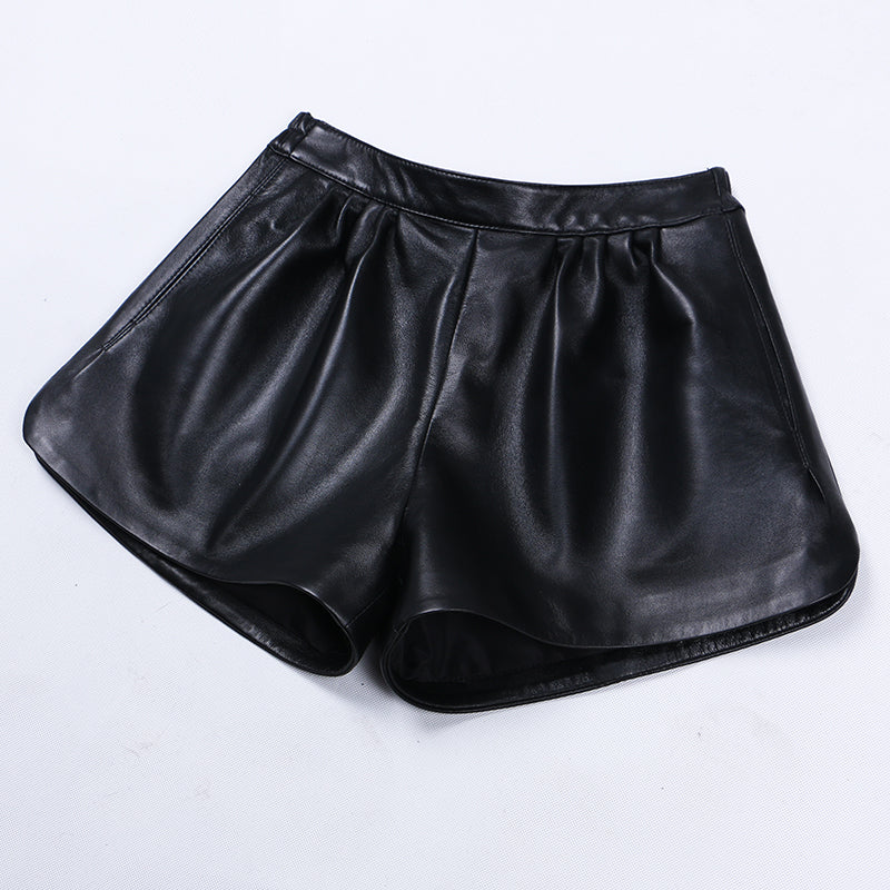 Leather A-line Elastic High Waist Loose Slim Wide Leg Shorts
